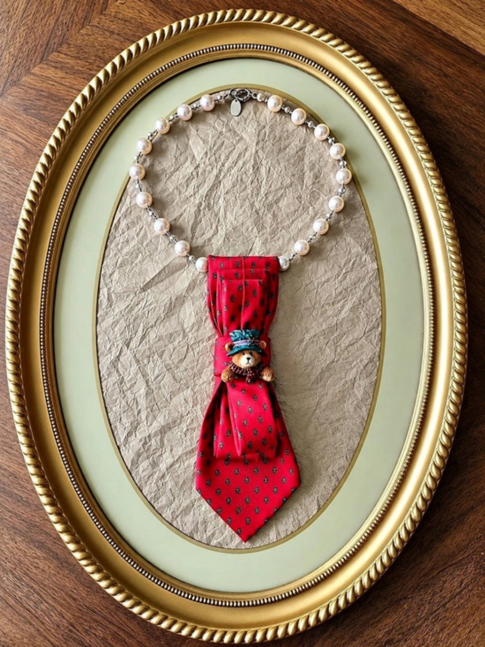 MAGUS Vintage Silk Tie Necklace In Red Paisley With Vintage Teddy Bear Brooch